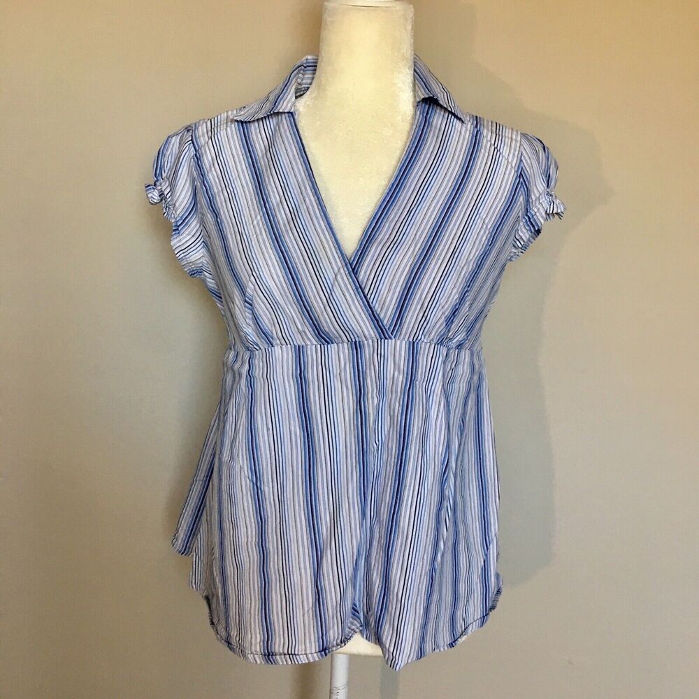 Oh! Mamma Size Medium Baby Doll Blue Top Blouse Tie Waist V Neck